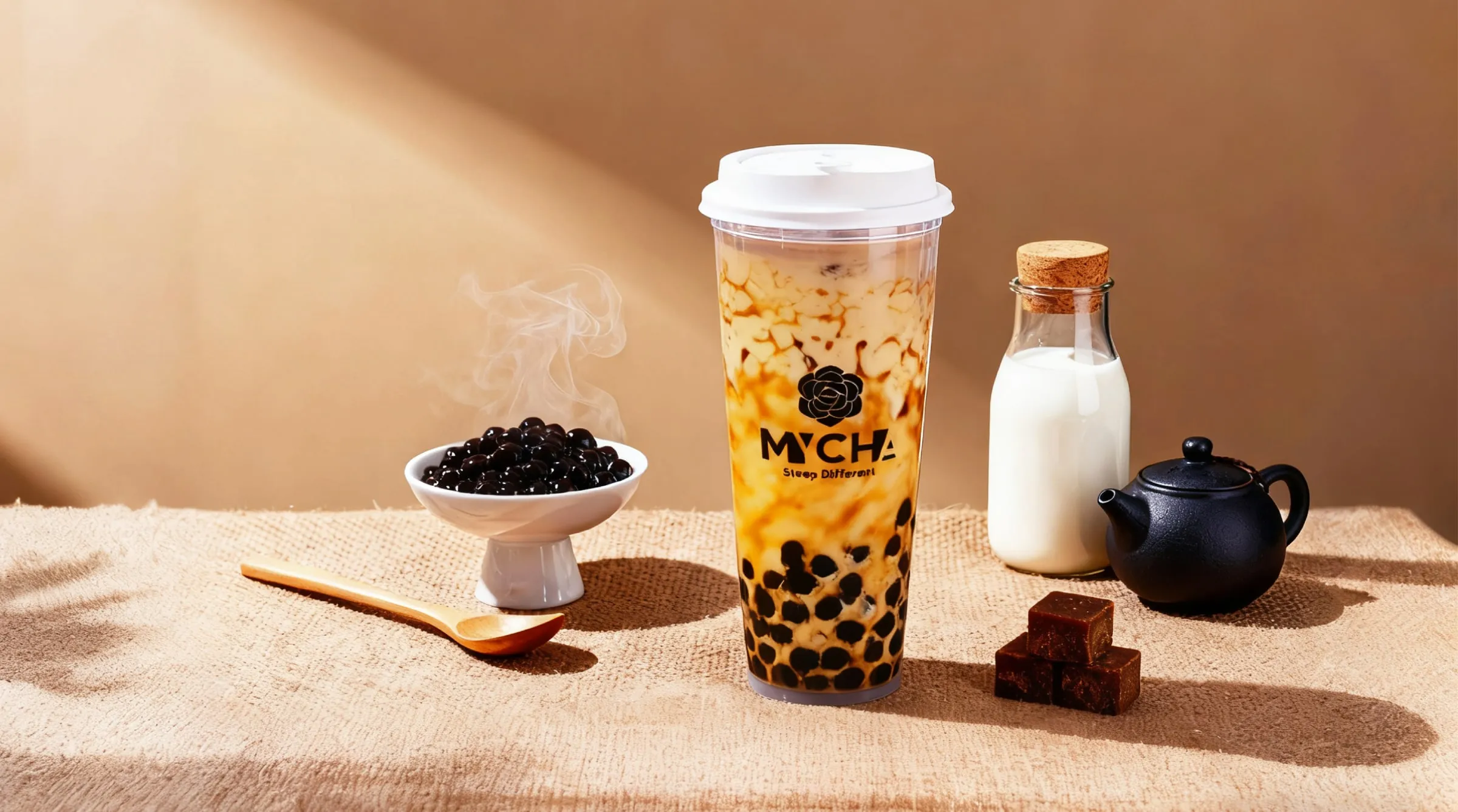 MYCHA brown-sugar bubble tea with boba, fresh milk and a teapot