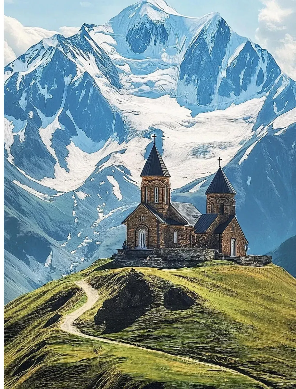 A stone church on a green ridge in the Caucasus mountains of Georgia
