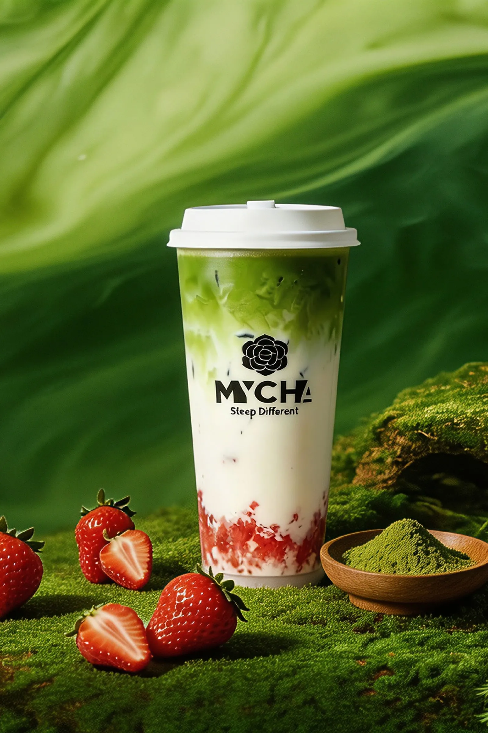 A layered MYCHA matcha, milk and crushed strawberry in a cup on moss