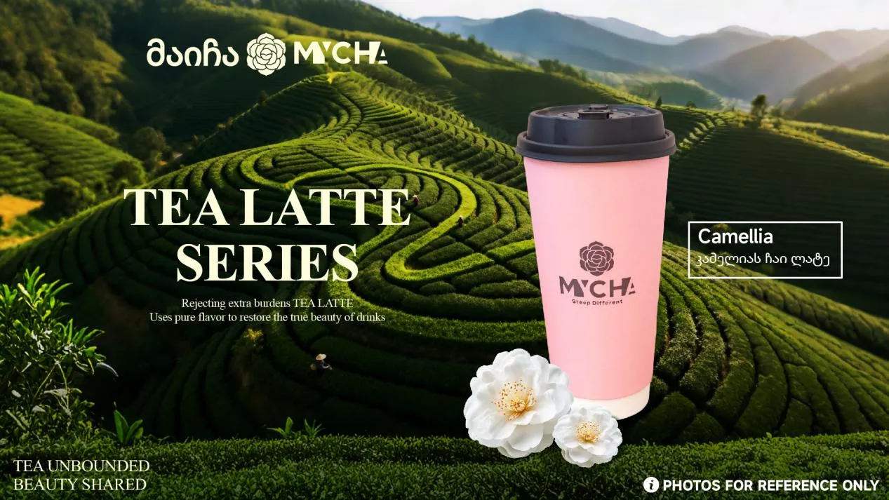 MYCHA tea latte with a pink cup and camellia flowers in a tea plantation