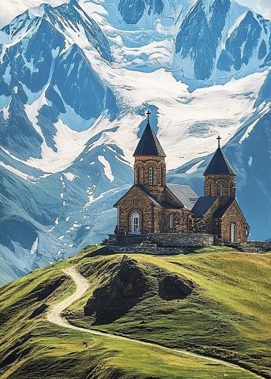 A stone church on a green ridge below the snowy Caucasus