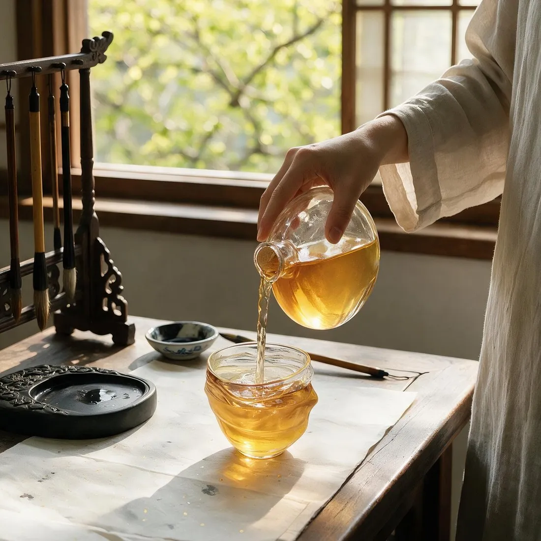 A hand pouring golden tea from a glass pitcher by a window