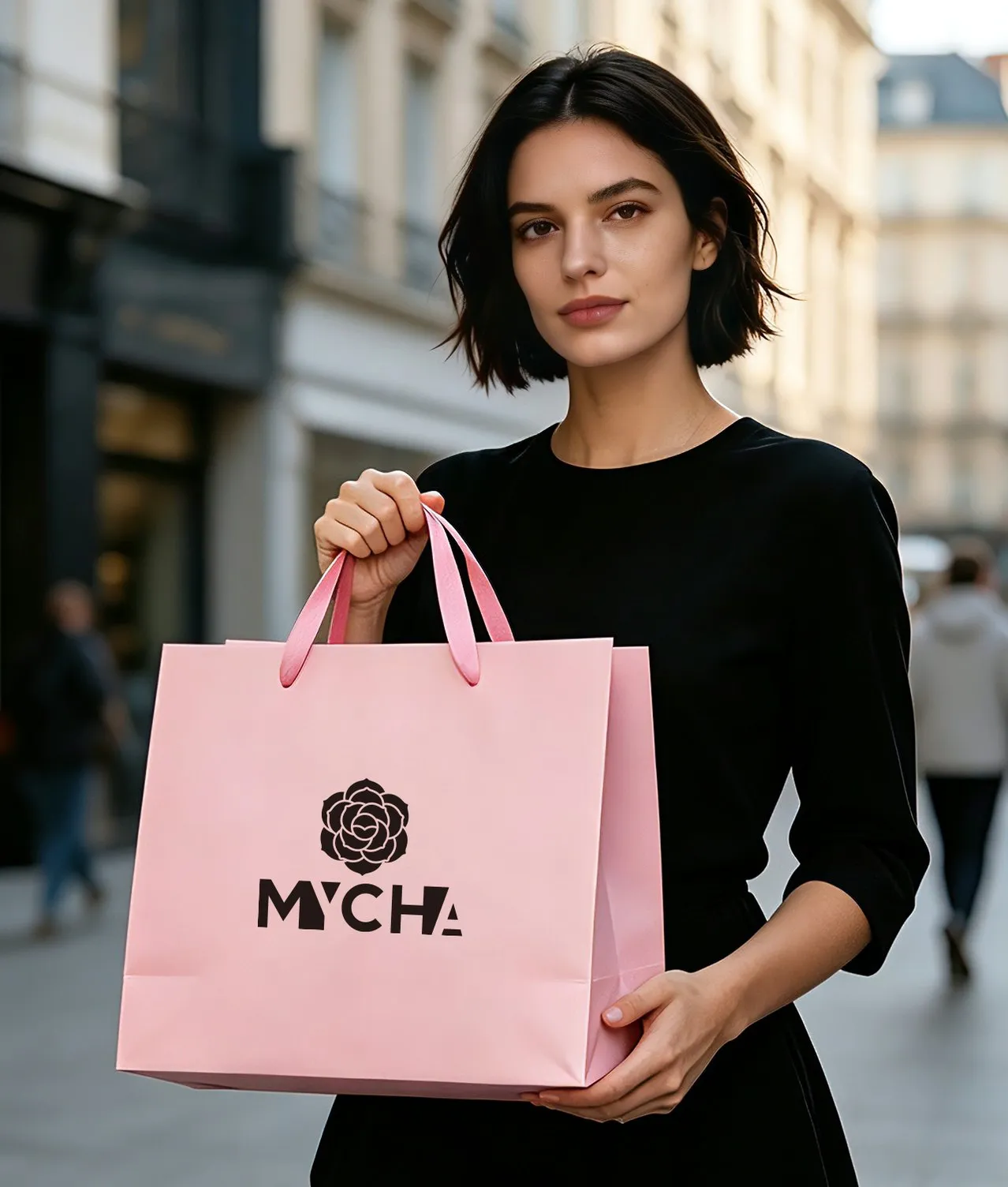 A woman in the street holding a pink MYCHA paper bag