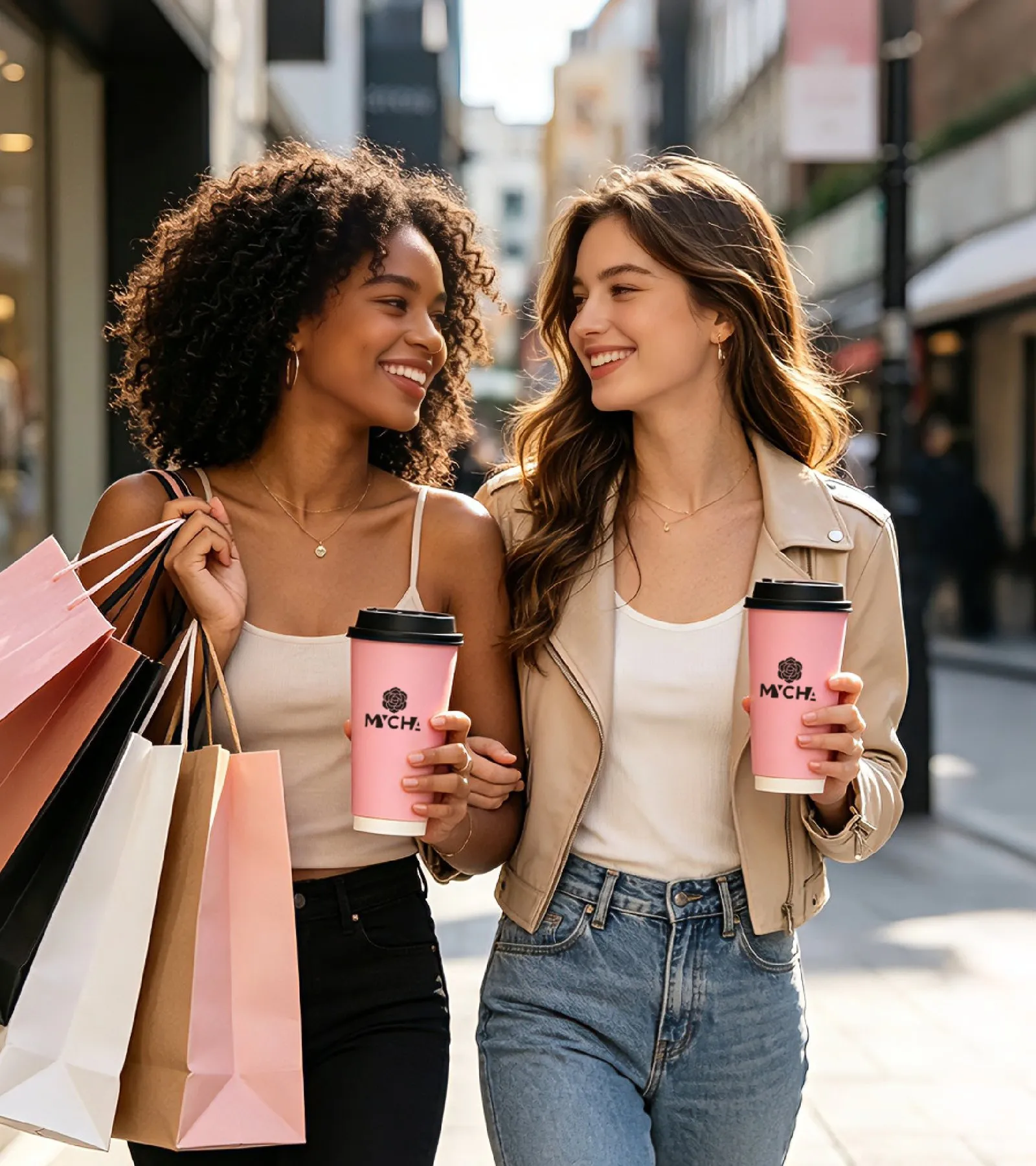 Two friends laughing in the street with MYCHA cups and shopping bags