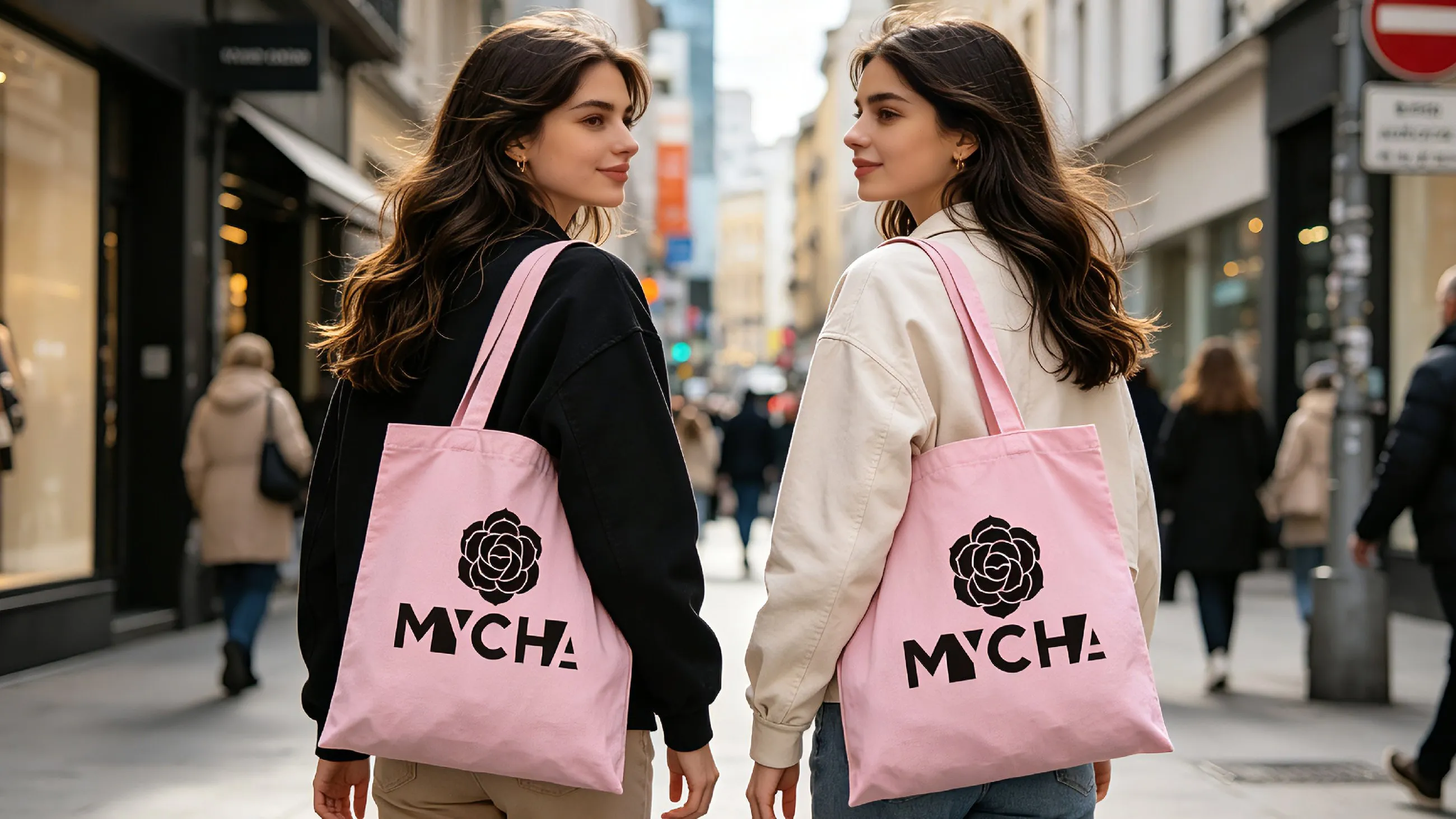 Two women with pink MYCHA tote bags on a city street