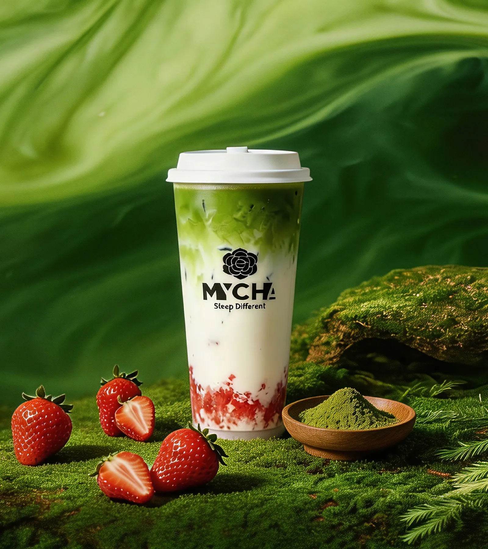 A layered MYCHA matcha, milk and crushed strawberry in a cup on moss