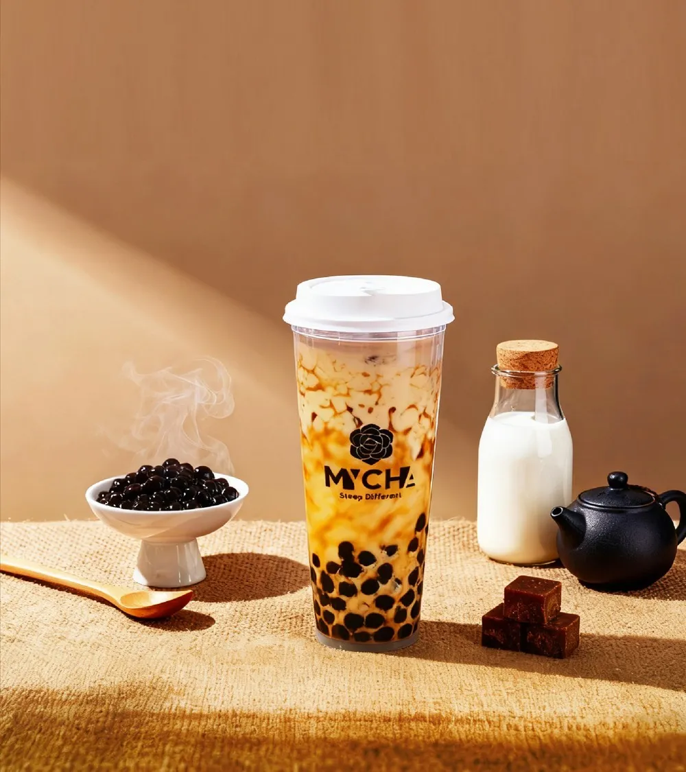 MYCHA brown-sugar bubble tea with boba, fresh milk and a teapot