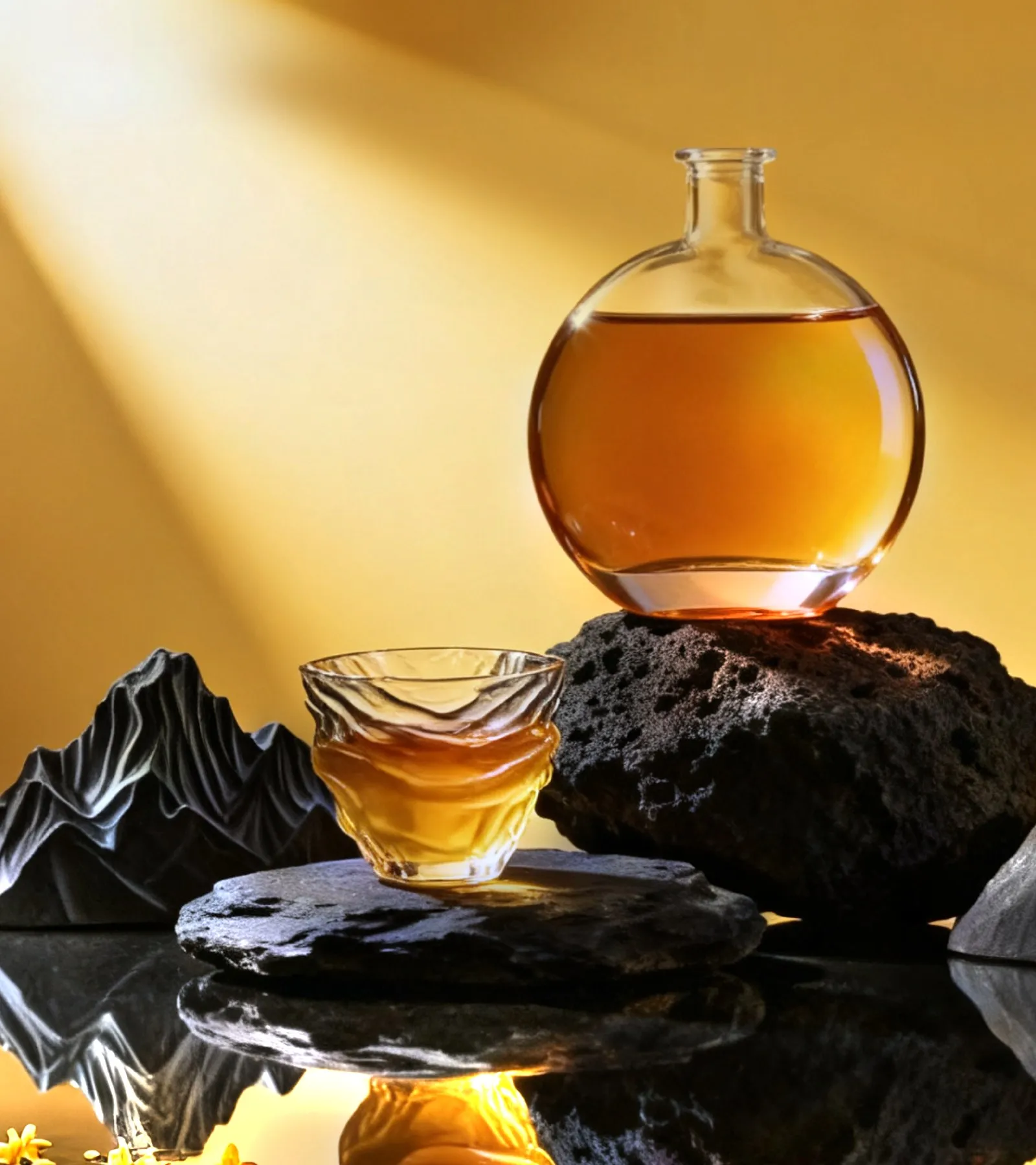 MYCHA pure tea in a round glass flask and tasting cup on dark volcanic stone