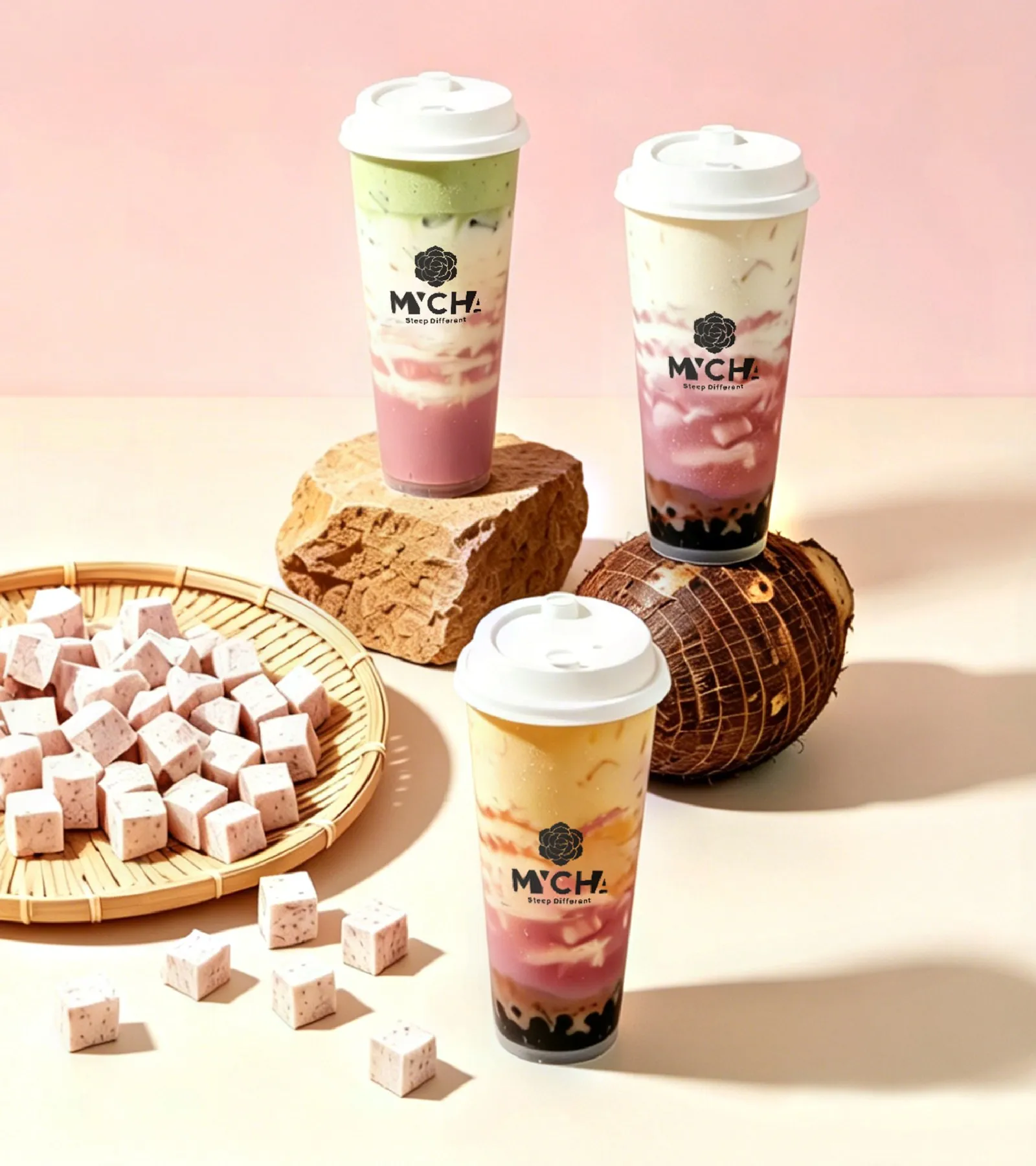 Three layered drinks from the MYCHA exclusive innovative line, with taro cubes on a woven tray