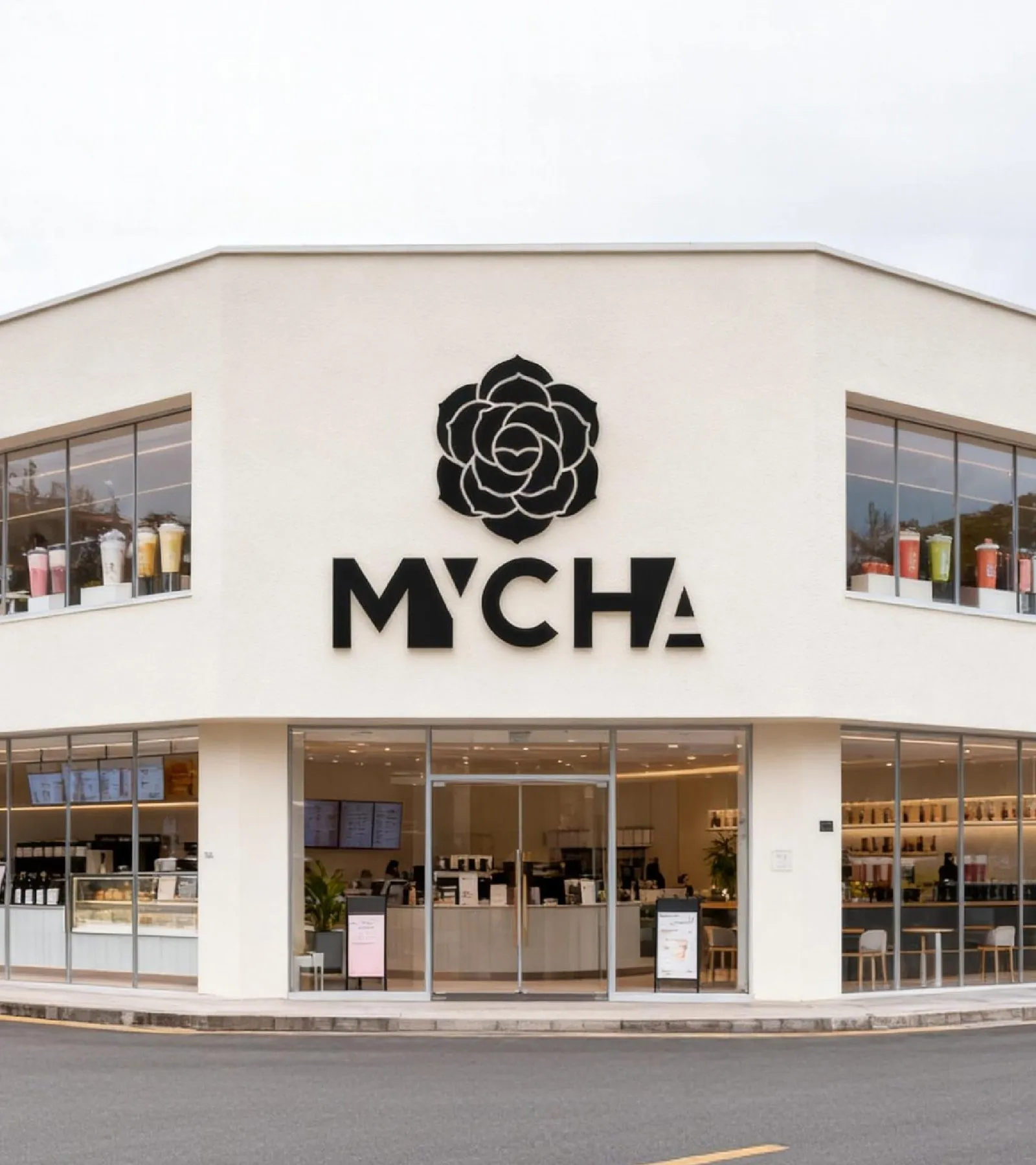 A white MYCHA store on a street corner, the camellia sign above full-height glass