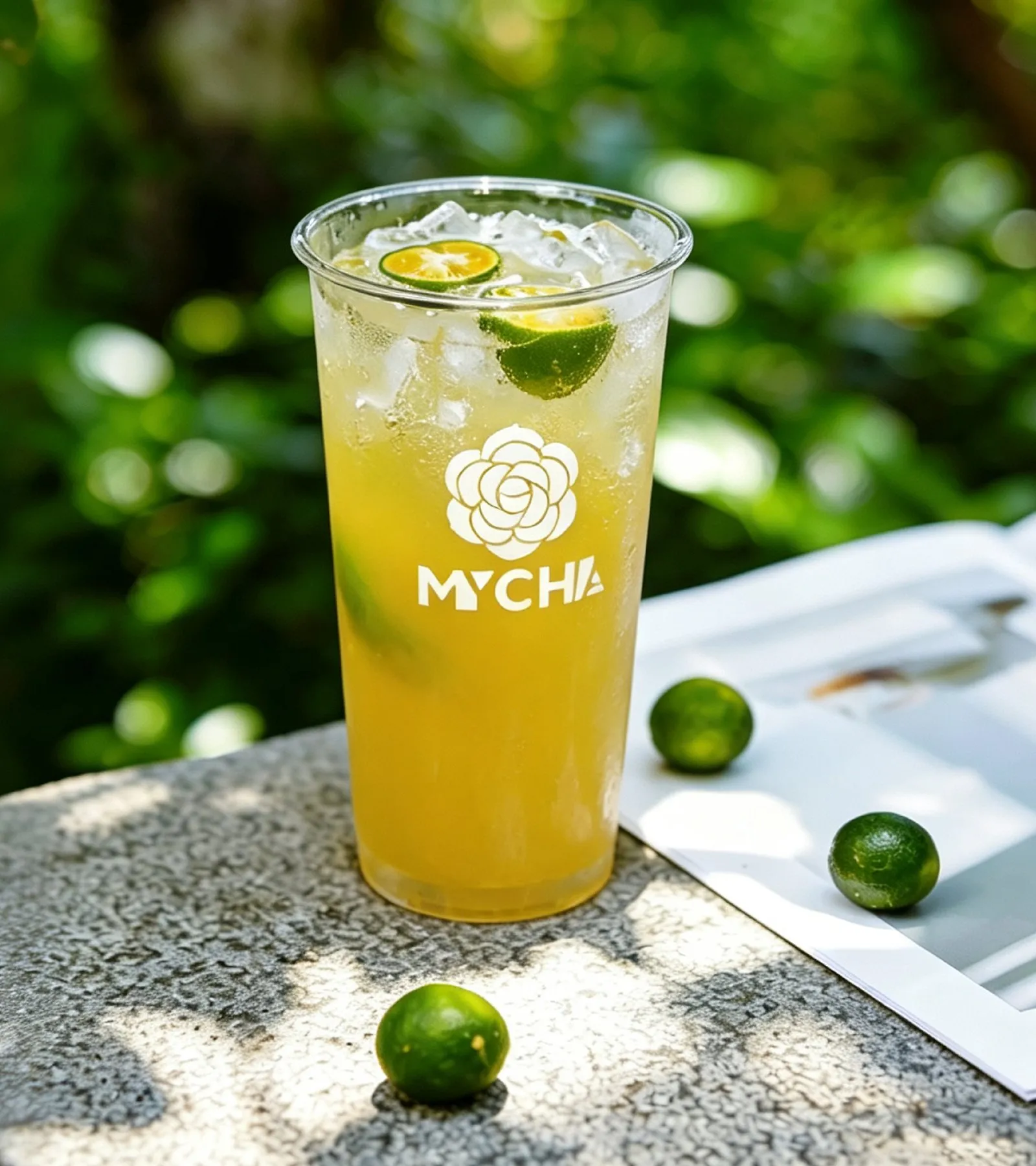 An iced MYCHA green tea with kumquat and lime on a stone bench outdoors