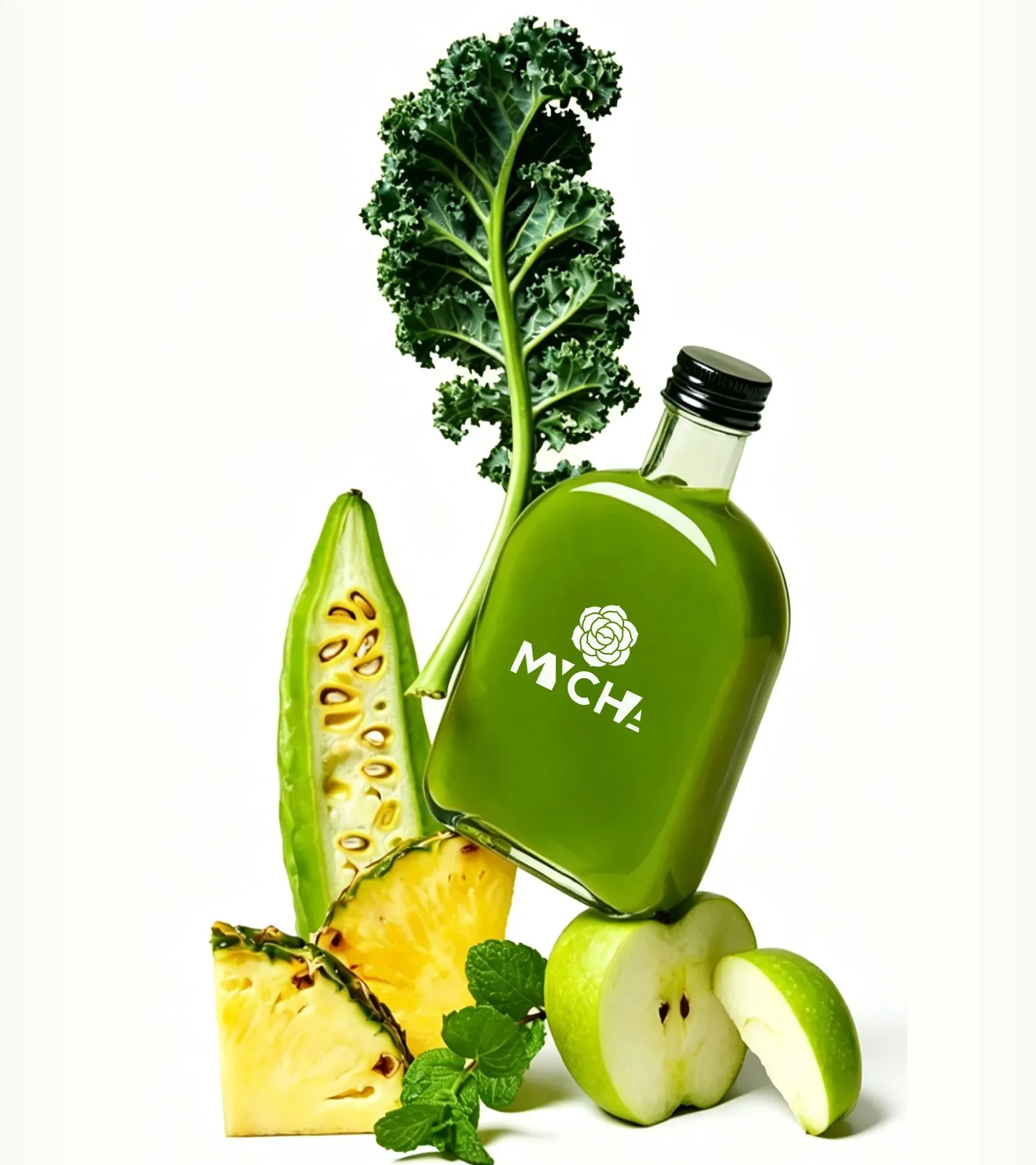 A MYCHA green juice bottle with kale, bitter melon, pineapple, mint and green apple