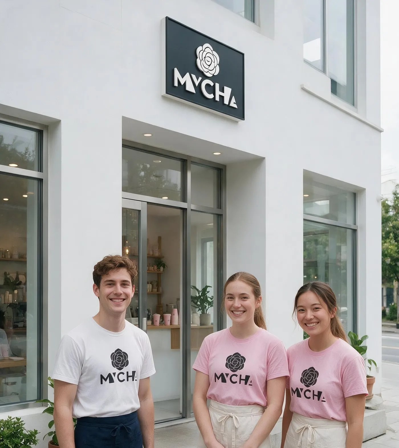 Three smiling MYCHA team members in pink and white T-shirts outside a MYCHA store