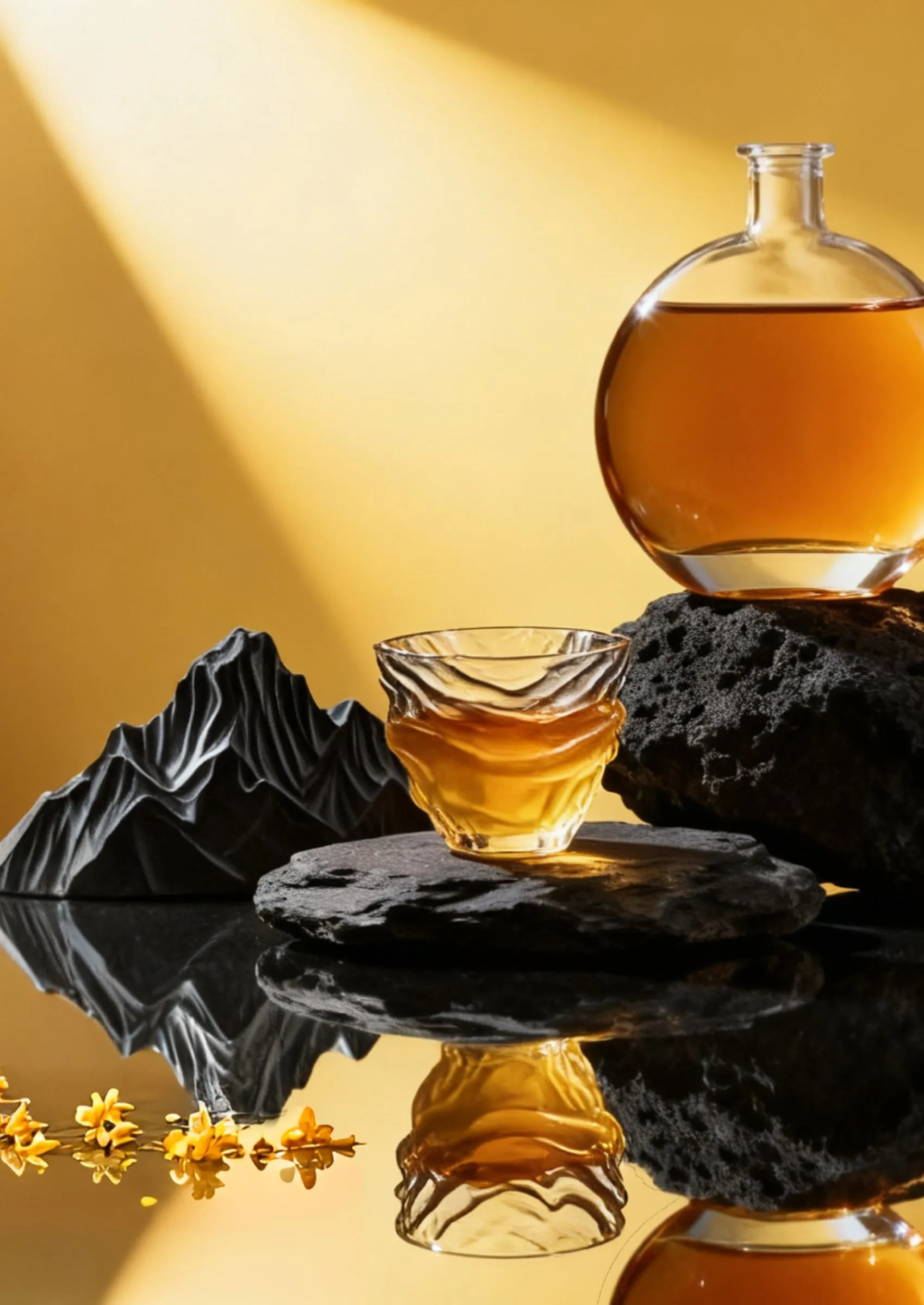 MYCHA pure tea in a round glass flask and tasting cup on dark volcanic stone