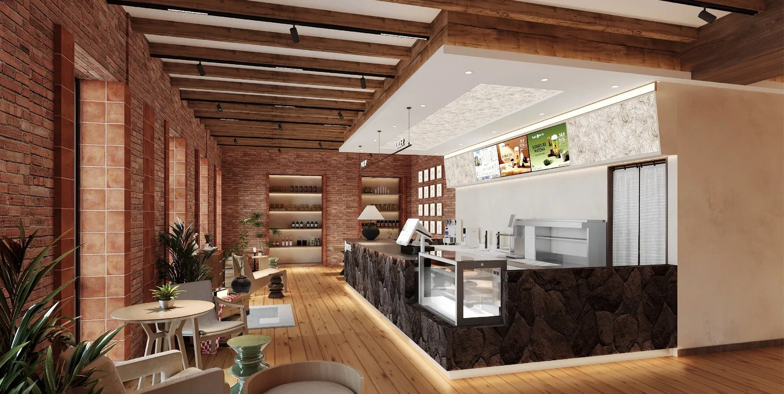 Inside a MYCHA store: brick walls, a timber ceiling and a long service counter