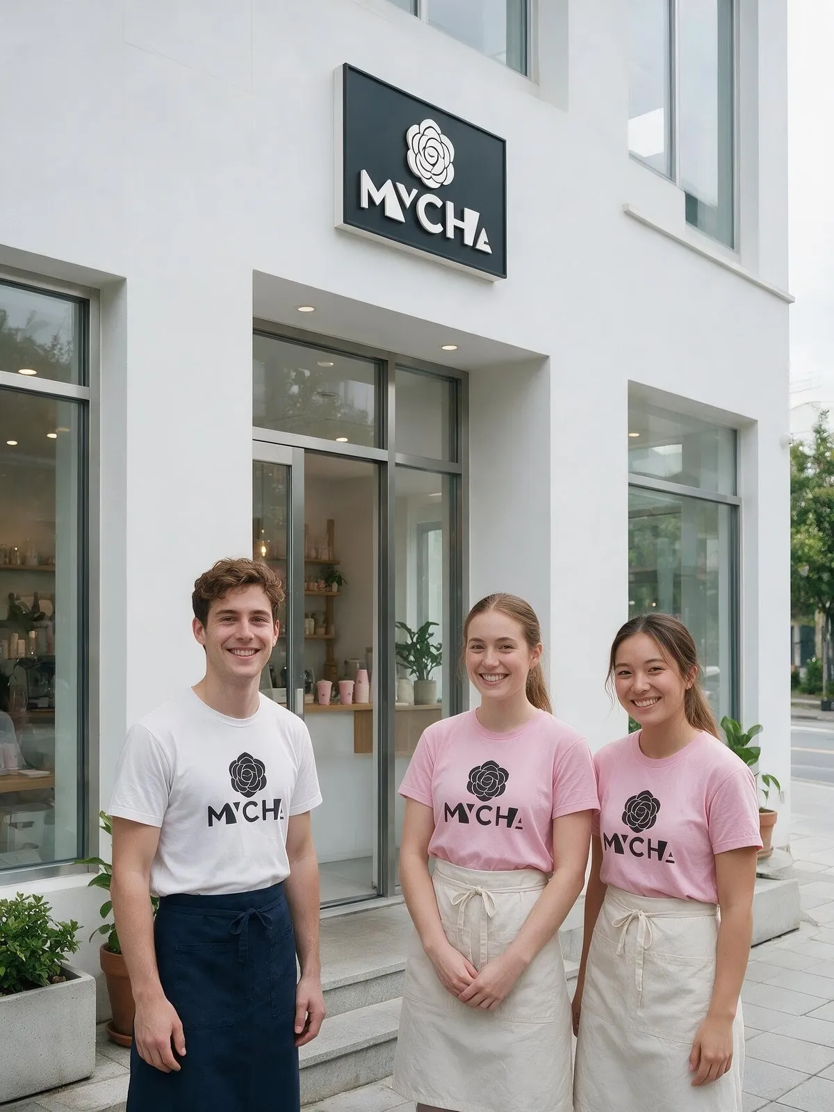 Three members of the MYCHA store team outside a MYCHA storefront